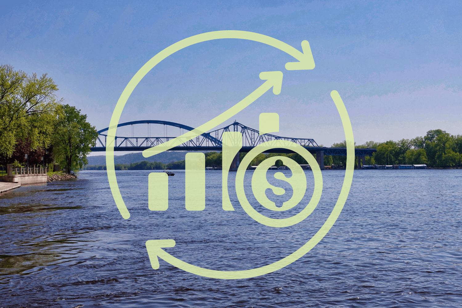 The Mississippi River in La Crosse showing the iconic bridges with an impact investing symbol laid in front of it.